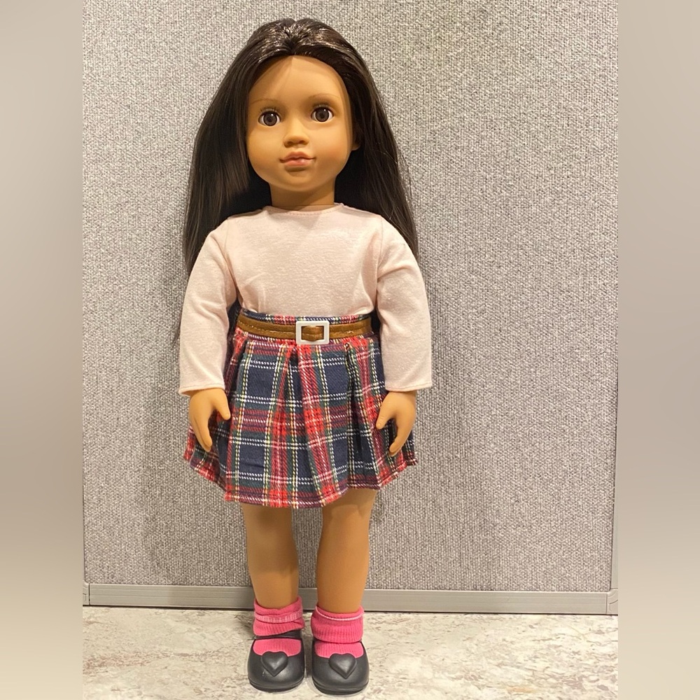 Our Generation 18” Plaid Skirt with Pink Top and Brown Hair